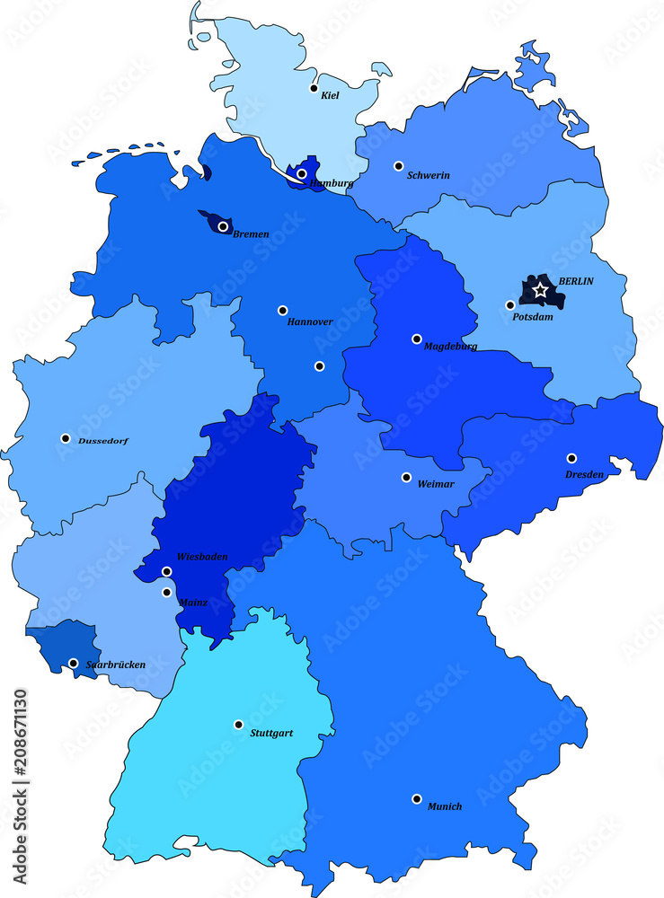 Map of germany on a white background with borders of lands and capitals. Without the names of lands