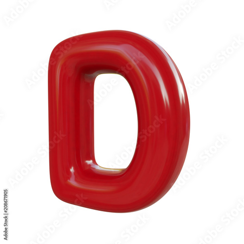 Glossy red letter D. 3D render of balloon font isolated on white background
