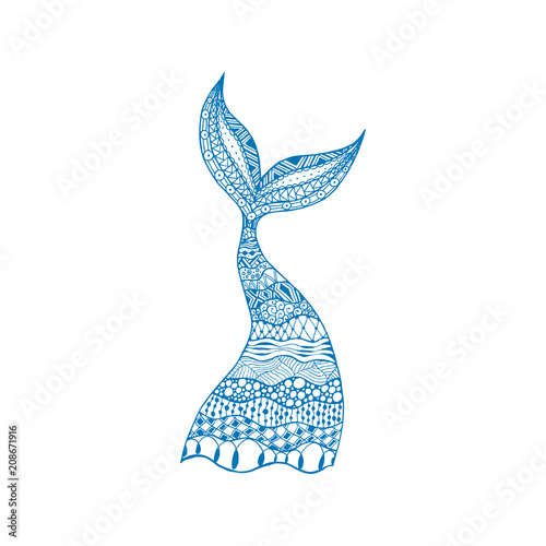 Vector hand drawn ornamental mermaid and whale tail. Blue mermaid tail on white background.