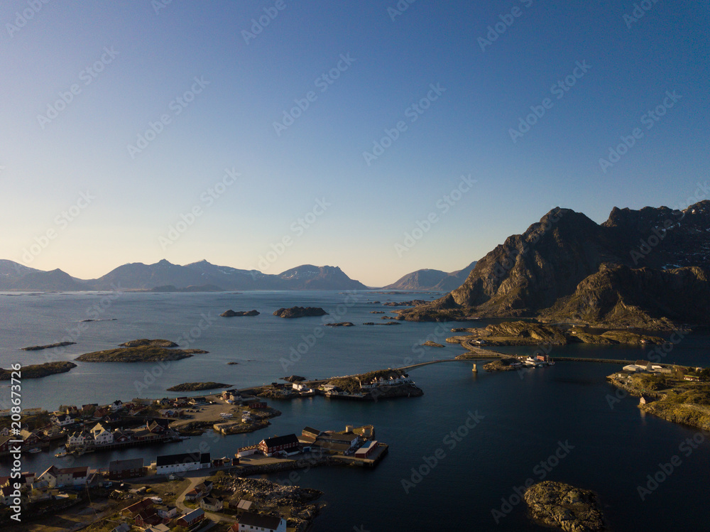 Aerial view over the fishing harbor of Henningsvaer at Lofoten Islands / Norway