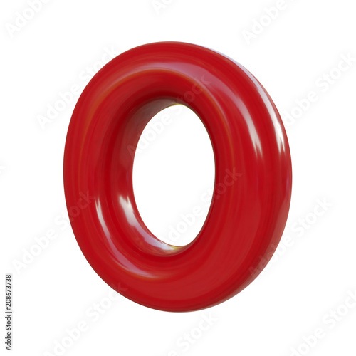 Glossy red letter O. 3D render of balloon font isolated on white background