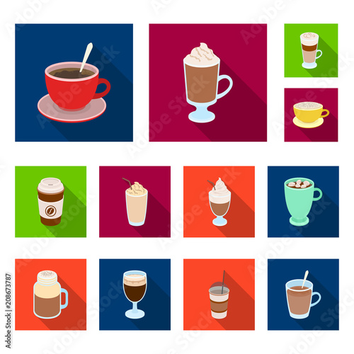 Different kinds of coffee flat icons in set collection for design. Coffee drink vector symbol stock web illustration.