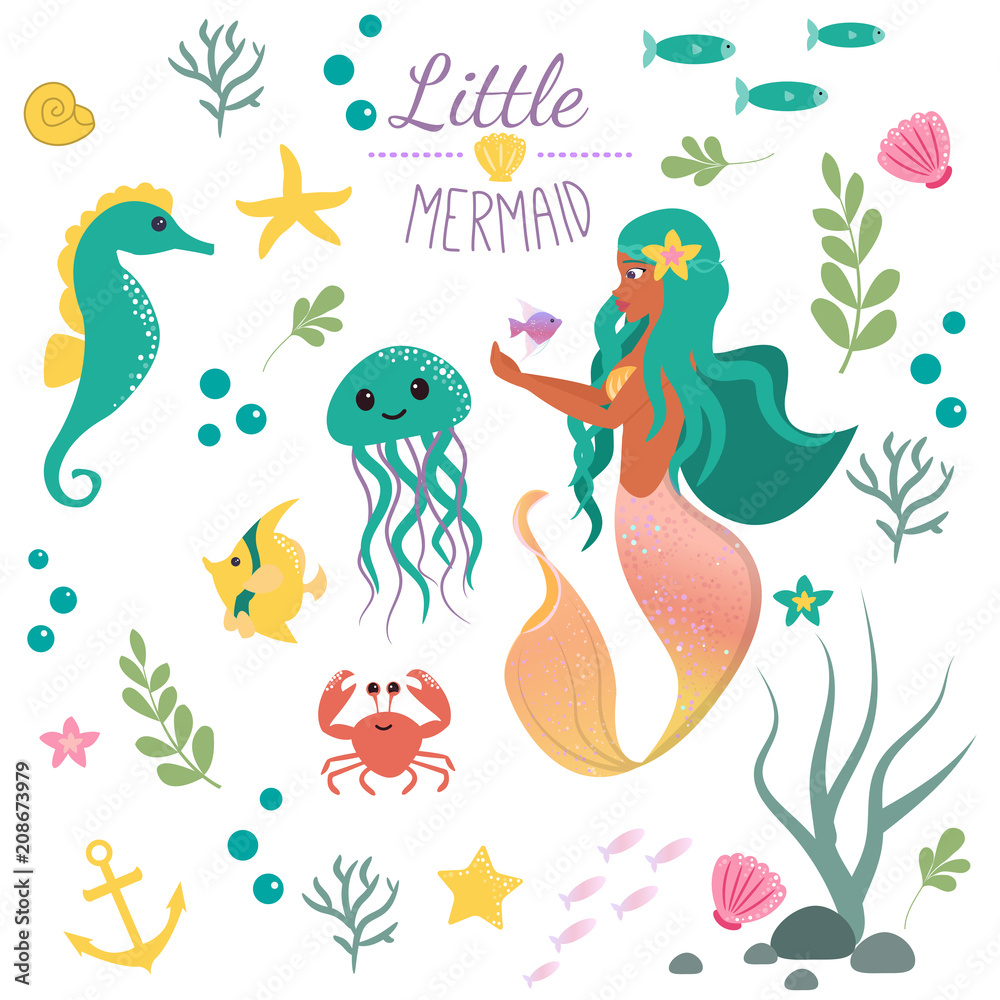 Cute set Little mermaid and underwater world. Fairytale princess mermaid and seahorse, fish, jellyfish, crab. Under water in the sea mythical marine collection.