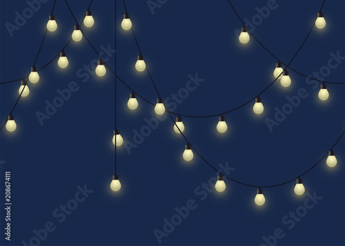 Glowing bulb garland, decorative light garland on dark background, footer and banner lamps, vector illustration