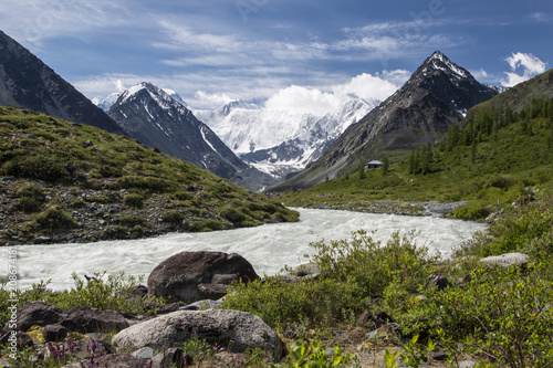 View to the highest Altai mountain peak Beluha from the Akkem valley, Russia