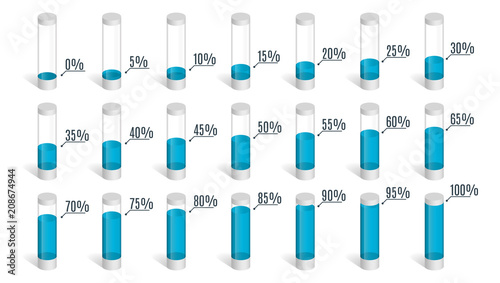 Set of blue percentage charts for infographics, 0 5 10 15 20 25 30 35 40 45 50 55 60 65 70 75 80 85 90 95 100 percent. Vector illustration.