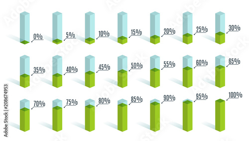 Set of green percentage charts for infographics, 0 5 10 15 20 25 30 35 40 45 50 55 60 65 70 75 80 85 90 95 100 percent. Vector illustration.