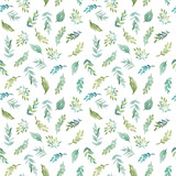 Seamless watercolor floral pattern with flowers and leaves composition on white background, perfect for wrappers, wallpapers, postcards, greeting cards, wedding invitations, romantic events, etc.