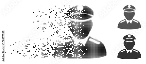Gray vector colonel icon in dissolved, dotted halftone and undamaged entire variants. Rectangular particles are used for disintegration effect. Points are combined into dissolving colonel icon. photo