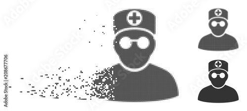 Gray vector doctor icon in dissolved, pixelated halftone and undamaged solid versions. Rectangle particles are used for disappearing effect. Points are arranged into dispersed doctor shape.