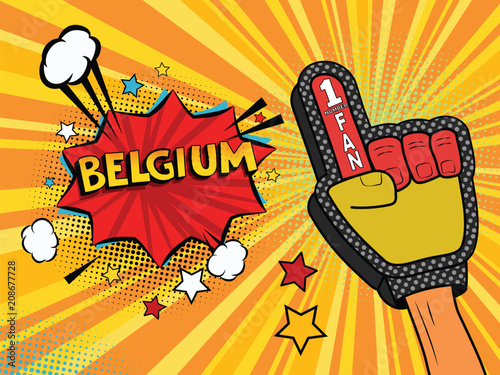 Male hand in the country flag glove of a sports fan raised up celebrating win and Belgium speech bubble with stars and clouds. Vector colorful illustration in retro comic style