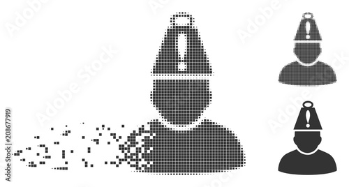 Grey vector head stress icon in dissolved, pixelated halftone and undamaged entire versions. Square particles are used for disappearing effect. Cells are arranged into dispersed head stress symbol.