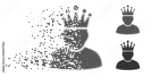 Gray vector king icon in dispersed, pixelated halftone and undamaged solid versions. Rectangle particles are used for disappearing effect. Fragments are arranged into dispersed king form.