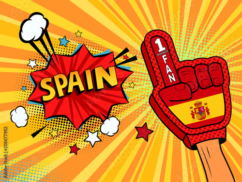 Male hand in the country flag glove of a sports fan raised up celebrating win and Spain speech bubble with stars and clouds. Vector colorful illustration in retro comic style