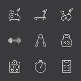 line fitness equipment icons set on dark background