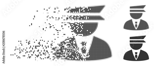 Grey vector police officer icon in dissolved, pixelated halftone and undamaged whole variants. Rectangular particles are used for disappearing effect.