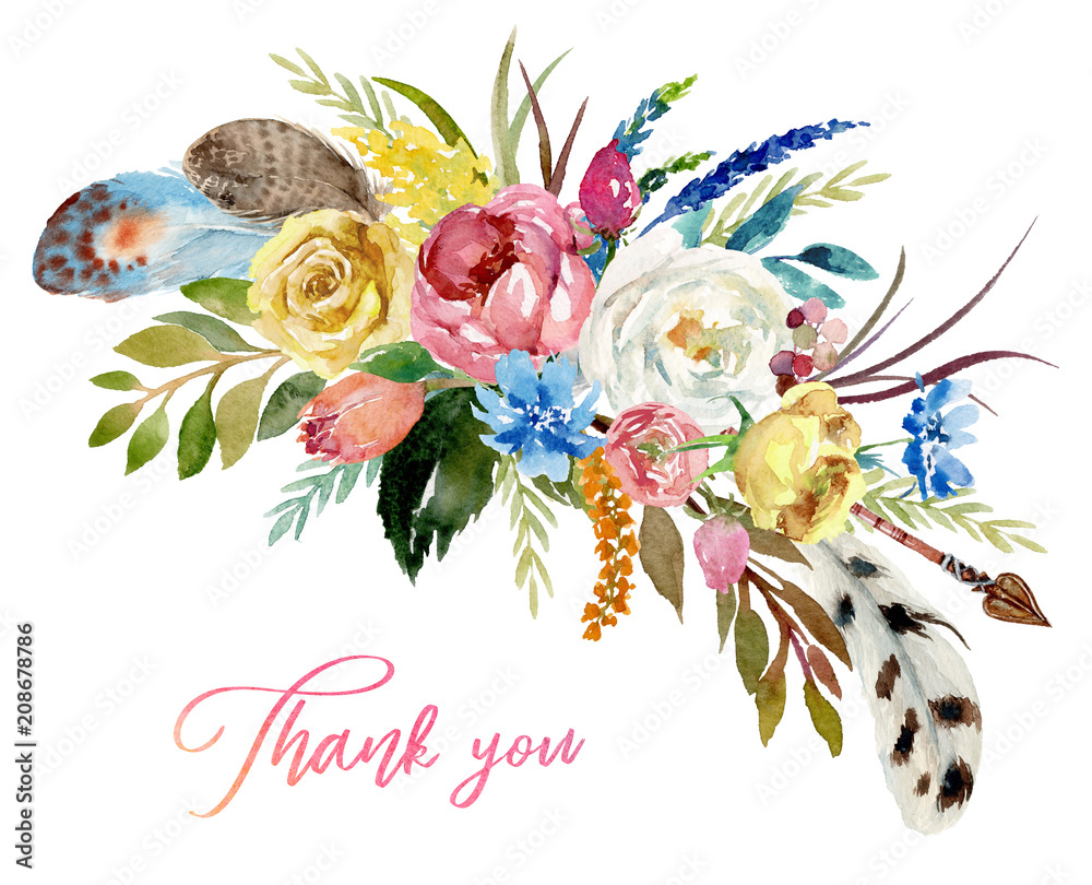 Watercolor floral boho bouquet / arrangement with arrow & feather -  colorful flower illustration for wedding, anniversary, birthday,  invitations, romance. Floral arrangement with flower composition.  ilustración de Stock | Adobe Stock