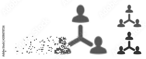 Grey vector social relations icon in dispersed, dotted halftone and undamaged whole versions. Rectangular particles are used for disintegration effect.