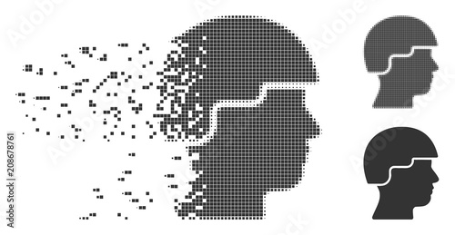 Grey vector soldier icon in dissolved, pixelated halftone and undamaged whole versions. Rectangle dots are used for disintegration effect. Pieces are arranged into dispersed soldier figure.