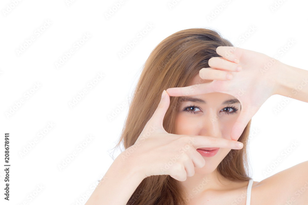 Portrait of beautiful woman makeup of cosmetic, girl hand eye and smile attractive, face of beauty perfect with wellness isolated on white background with skin healthcare concept. Portrait of beautiful woman makeup of cosmetic, girl hand eye and smile attractive, face of beauty perfect with wellness isolated on white background with skin healthcare concept.