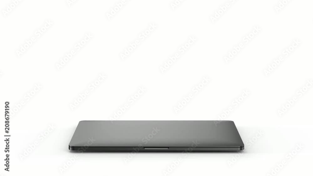 Laptop with blank screen isolated on white background. Whole in focus. 4K 30fps