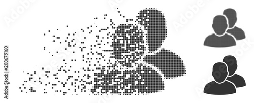 Grey vector users icon in fractured, dotted halftone and undamaged whole variants. Rectangle dots are used for disintegration effect. Points are organized into dissipated users icon.