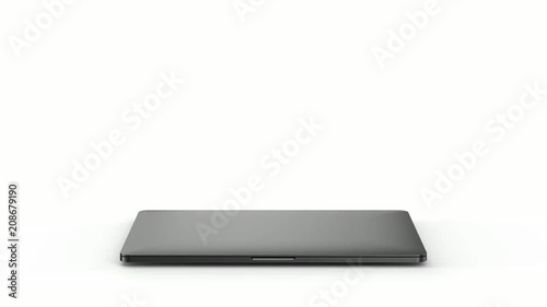 Laptop with blank screen isolated on white background. Whole in focus. 4K 30fps