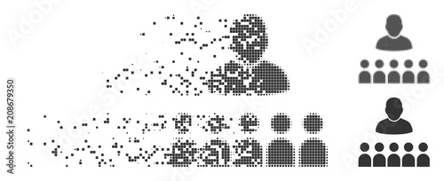 Gray vector auditory students icon in dissolved, pixelated halftone and undamaged whole versions. Rectangle particles are used for disappearing effect.