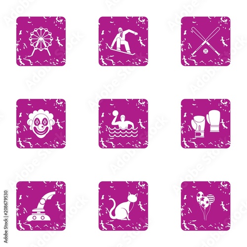 Gym facility icons set. Grunge set of 9 gym facility vector icons for web isolated on white background