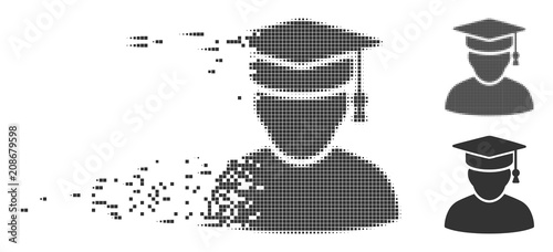 Gray vector knowledge man icon in dispersed, pixelated halftone and undamaged entire variants. Rectangle particles are used for disintegration effect.