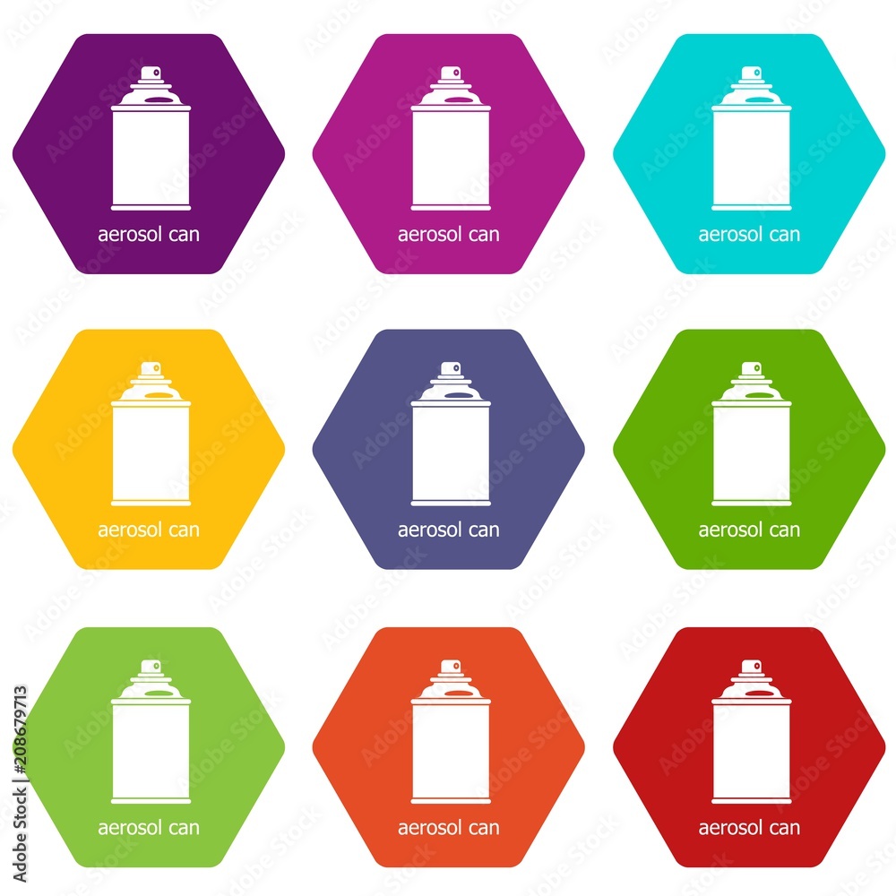 Aerosol can icons 9 set coloful isolated on white for web Aerosol can icons 9 set coloful isolated on white for web