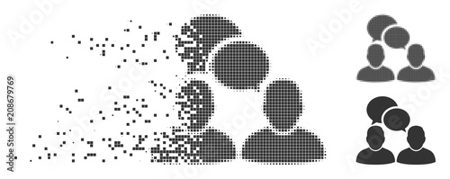 Grey vector people dialog icon in dissolved, dotted halftone and undamaged solid variants. Square particles are used for disappearing effect. Cells are organized into disappearing people dialog form.