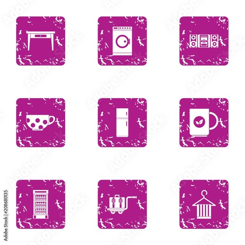 Design cottage icons set. Grunge set of 9 design cottage vector icons for web isolated on white background