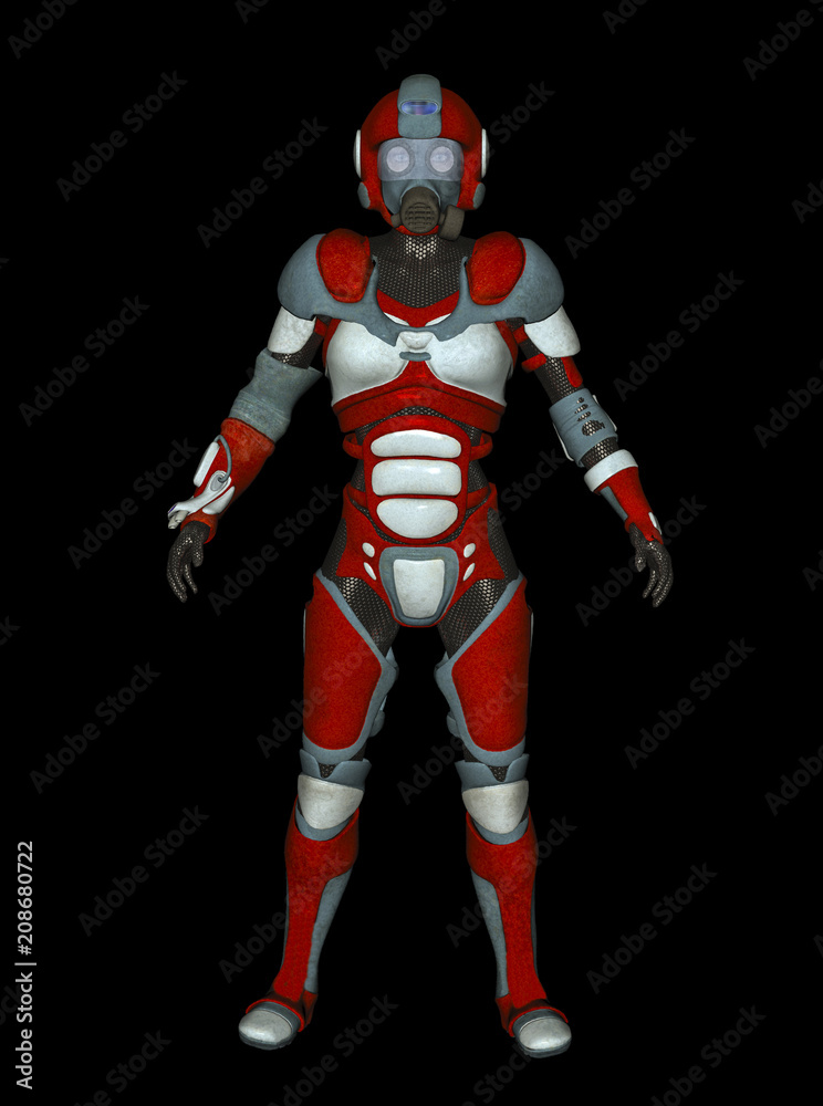 3D Illustration of Futuristic Red Female Cyborg on Black Chroma Key Background for Easy Editing