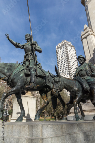 Monument to Cervantes and Don Quixote and Sancho Panza at Spain Square in City of Madrid, Spain