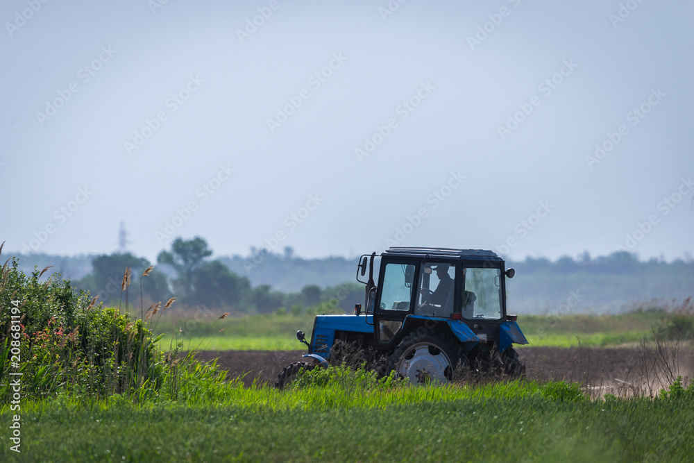 Fototapeta premium Tractor working on the farm, a modern agricultural transport, a farmer working in the field, fertile land, tractor on a sunset background, cultivation of land, agricultural machine