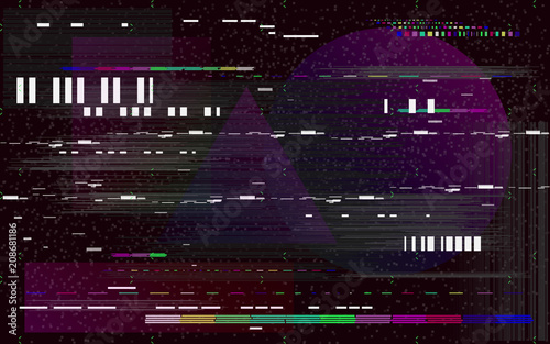 Glitch television on black background. Retro VHS backdrop. Glitched lines noise and color shapes. No signal. Vector illustration