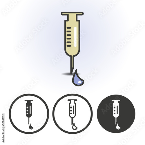 Icon of a syringe with a drop on the tip of a needle. Contour line flat colored vector icon. Different variations for website or app infographics.
