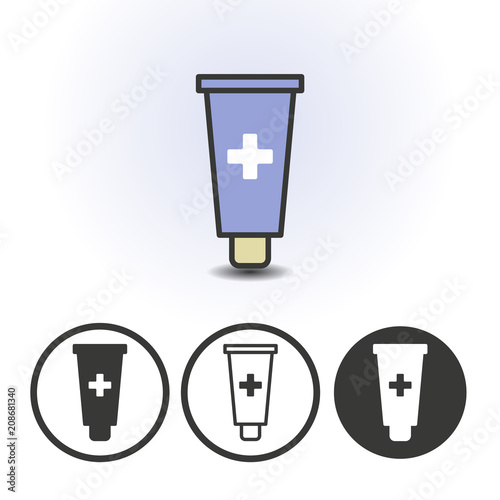Cosmetics cream or medical ointment tube with medical cross. Contour line flat colored vector icon. Different variations for website or app infographics.