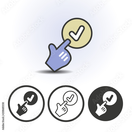 Hand cursor pointing finger at checkmark icon. Contour line flat colored vector icon. Different variations for website or app infographics.