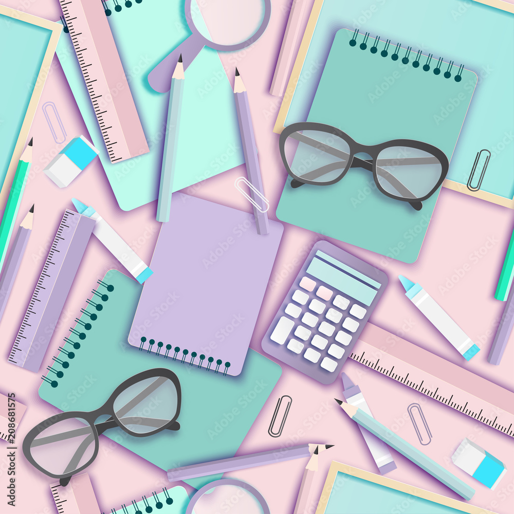 Back to school paper art seamless pattern with glasses, pencil, calculator and other school supplies. Modern origami teaching, education and learning symbol background design. Pastrel colors Back to school paper art seamless pattern with glasses, pencil, calculator and other school supplies. Modern origami teaching, education and learning symbol background design. Pastrel colors