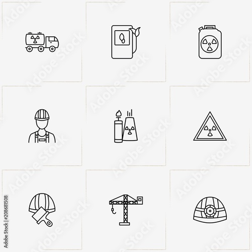 Industry line icon set with crane , gas canister and industry helmet