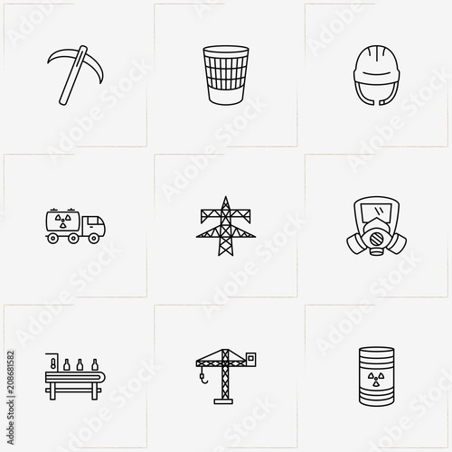 Industry line icon set with gas mask , icebreaker  and recycle bin