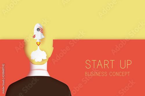 Layered cut out colored paper human back view and space shuttle launch to the sky. Businessman in business suit. Inspiration, creativity and idea concept. Deep paper art style