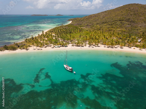 Aerial view of Mayreau beach in St-Vincent and the Grenadines - Tobago Cays. The paradise beach with palm trees and white sand beach © Erwin Barbé
