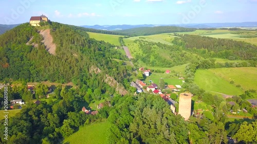 Aerial view of castles Zebrak and Tocnik. Gothic fortresses on hills. Famous tourist attractions in Czech republic, European union. photo