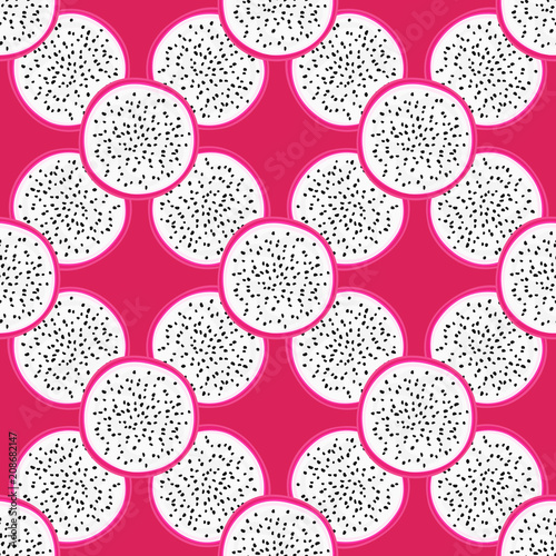 Seamless pattern with tropical fruits. Healthy dessert. Fruity background. Dragon fruit or pitaya. Exotic food. Wrapping, print on clothes, wallpaper, summer banner. Vector illustration, eps10