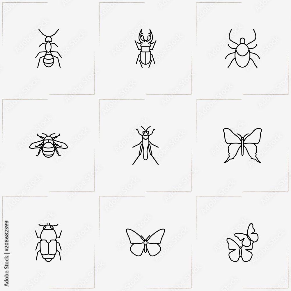 Insects line icon set with beetle, fly and ant Insects line icon set with beetle, fly and ant