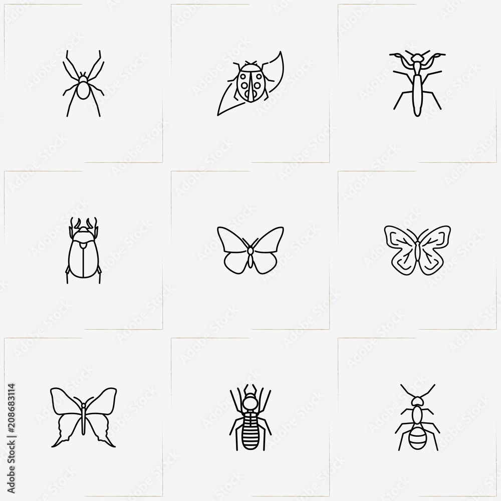 Insects line icon set with ant, cockchafer and bug