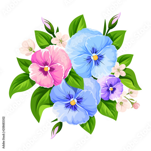 Vector bouquet of blue, pink and purple pansy flowers isolated on a white background.